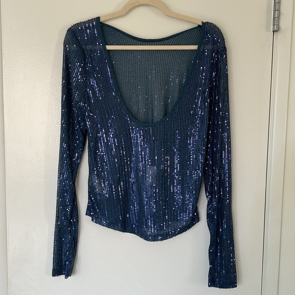 Blue Sequin Women’s Free People Long Sleeve Top Size L - Picture 4 of 6